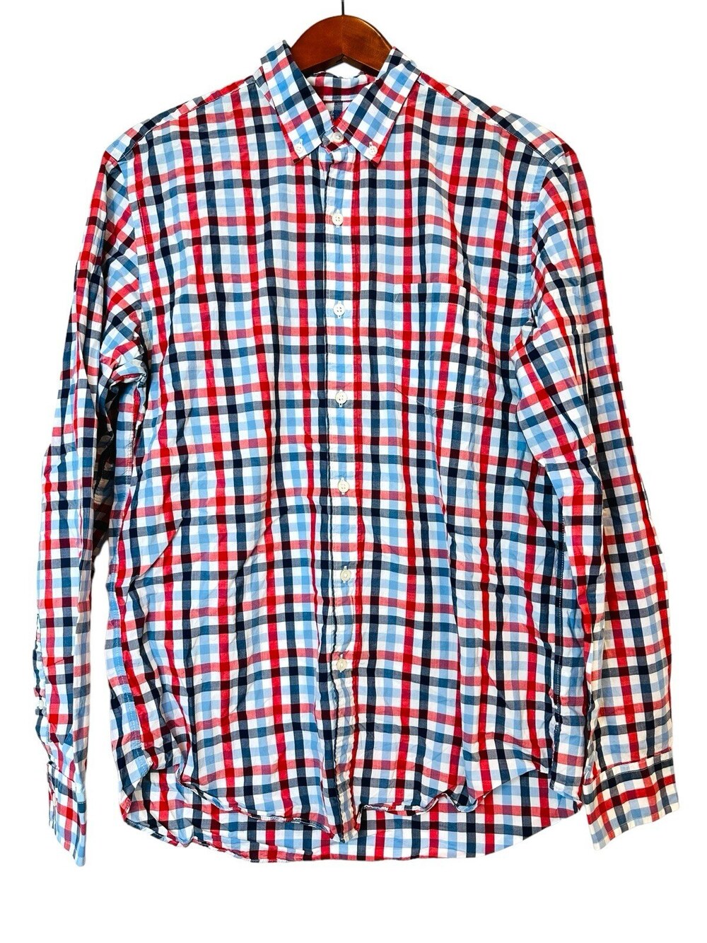 J. Crew Button Down Long Sleeve Lightweight Shirt Men's Medium Red Blue Plaid